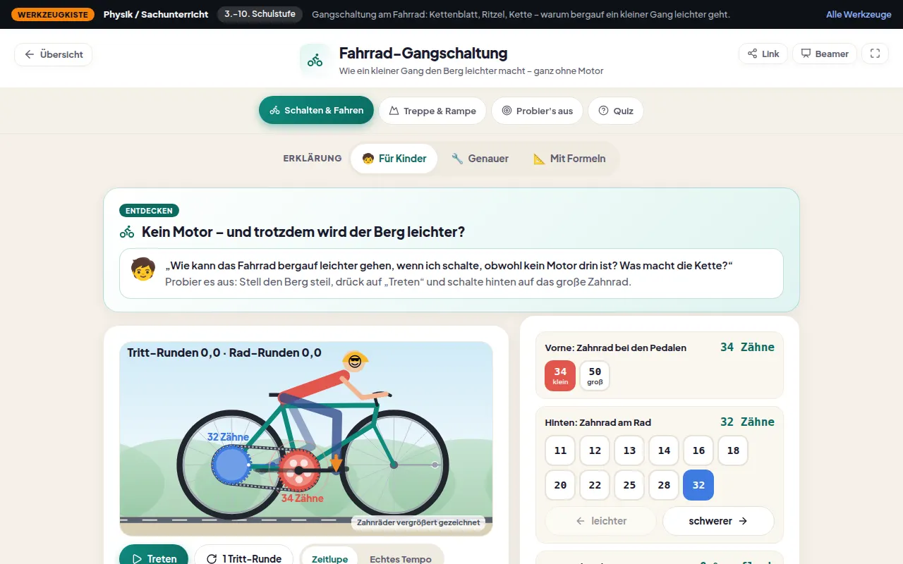 Lernwerkzeug Fahrrad-Gangschaltung: Fahrrad mit Kette und Zahnrädern, Auswahl der Gänge und Erklärung für Kinder.