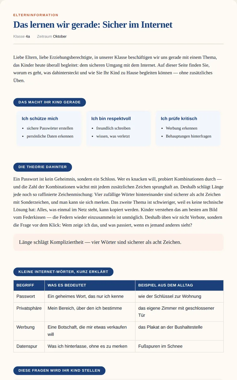 Beispiel-Elternbrief „Das lernen wir gerade: Sicher im Internet“ mit Themenkarten, Hintergrund, Glossar und Fragen fürs Kind.