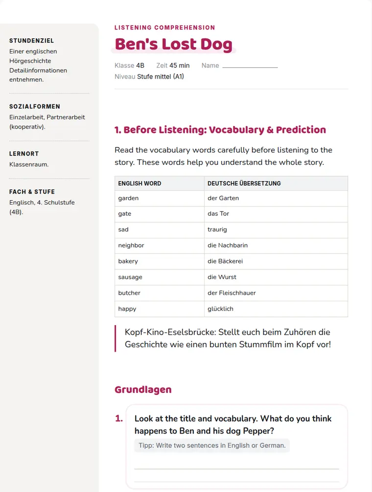 Das Arbeitsblatt „Listening Comprehension: Ben's Lost Dog“ mit Wortschatz-Tabelle und Aufgaben vor dem Hören.