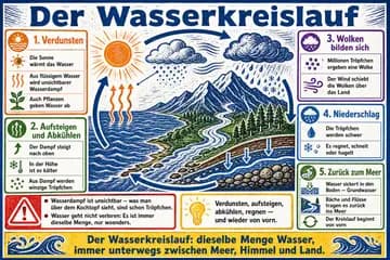 Der Wasserkreislauf im Stil Linolschnitt